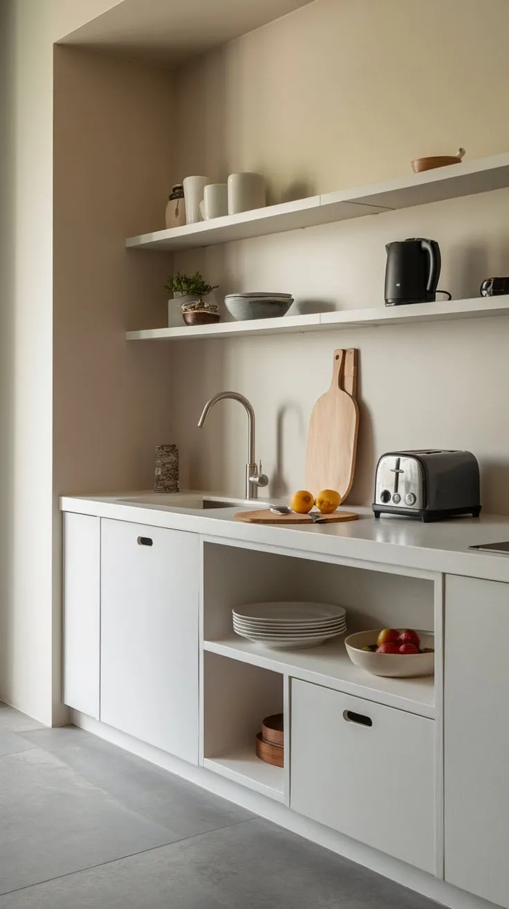 A minimalist kitchen design showcases clean white lines, subtle wood tones, and functional simplicity.