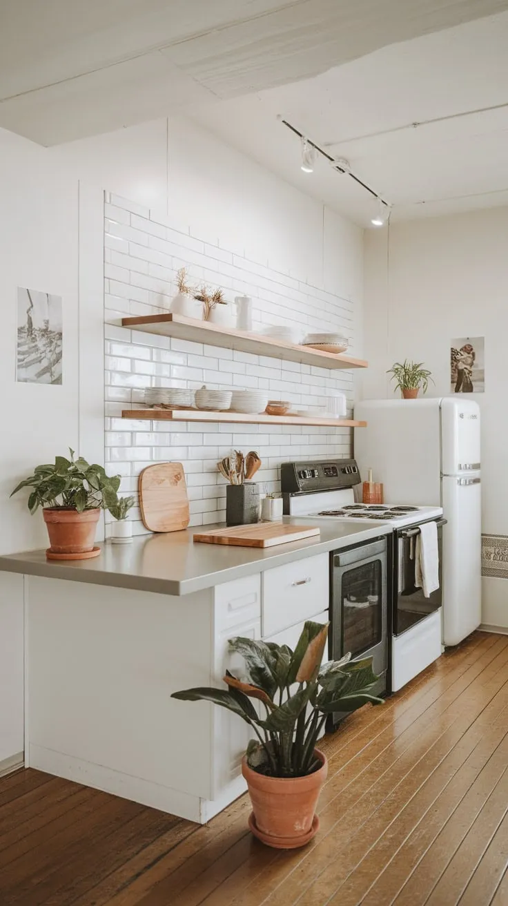 Bright lighting illuminates a pristine minimalist kitchen featuring essential appliances, wooden accents, and a few carefully chosen plants