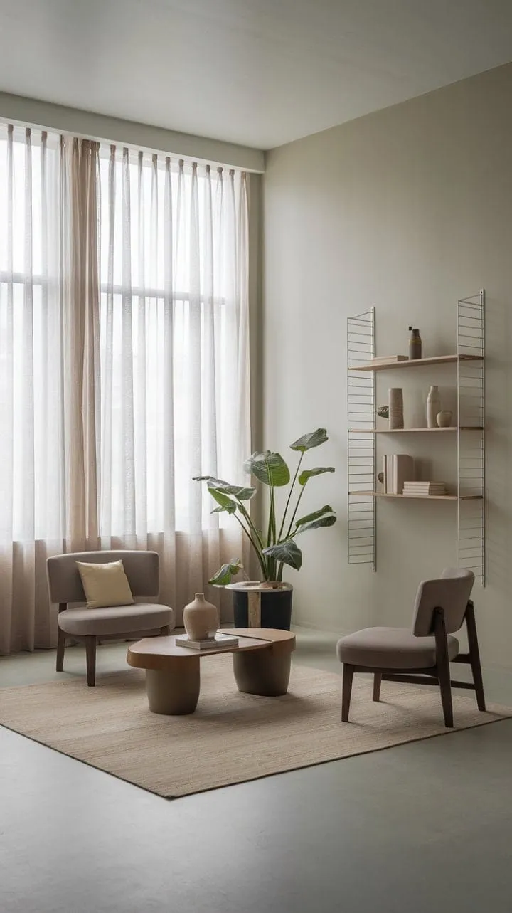 This minimalist living room exudes effortless chic with its clean lines, curated decor, and serene gray backdrop, embodying refined taste and a clutter-free lifestyle.