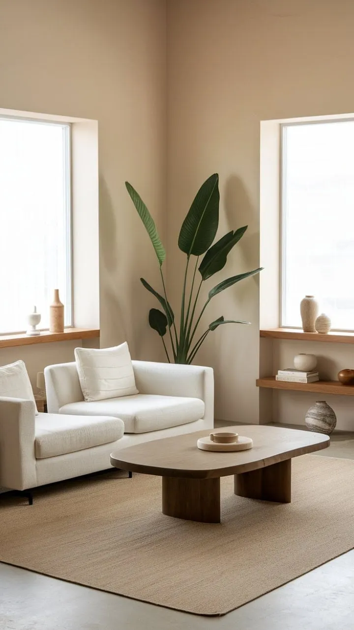 This minimalist living space harmoniously blends a neutral palette with lush greenery and warm wood tones, creating a serene haven of modern elegance.