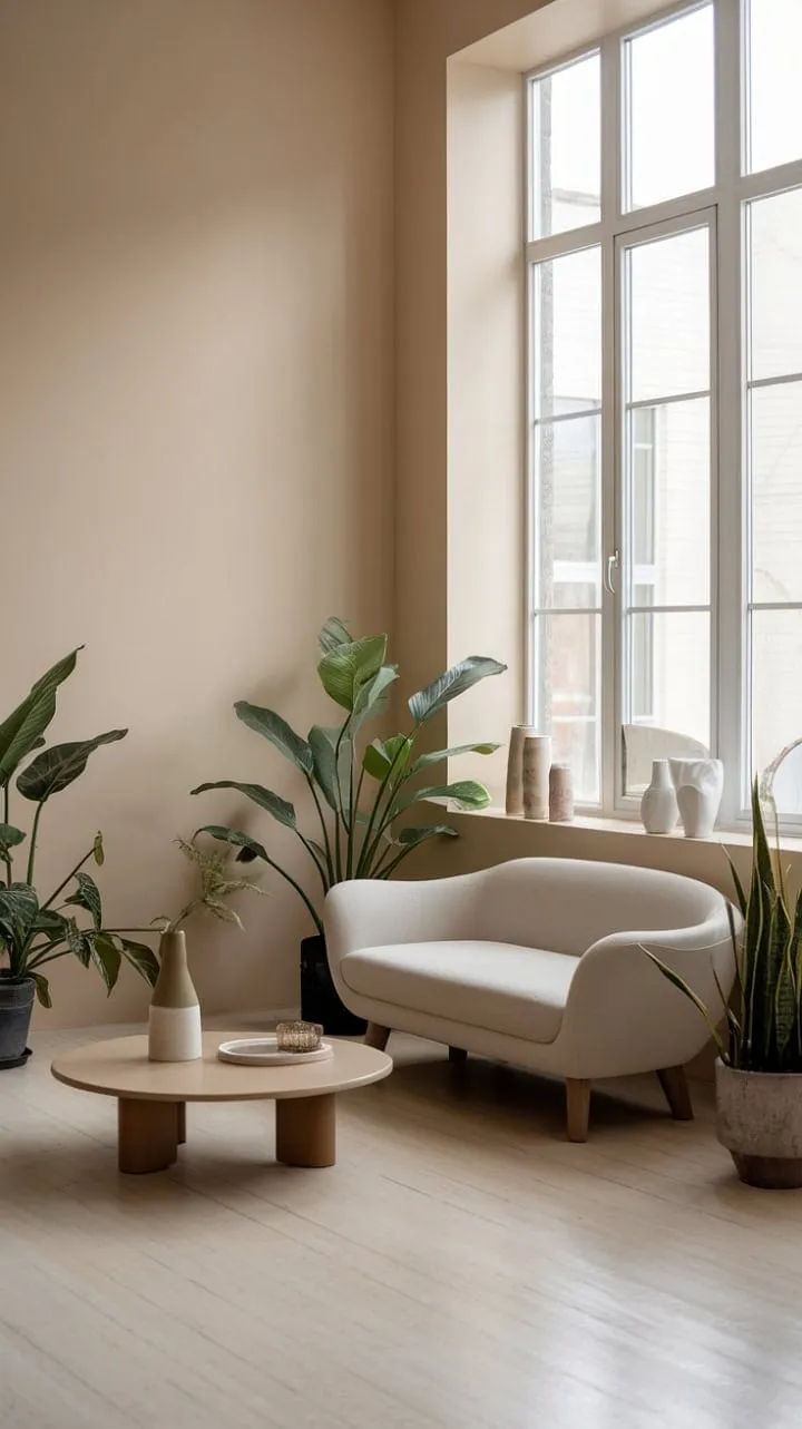 This serene minimalist living room, illuminated by natural light, harmoniously blends organic modern furniture and greenery to create an effortlessly chic sanctuary of tranquility.