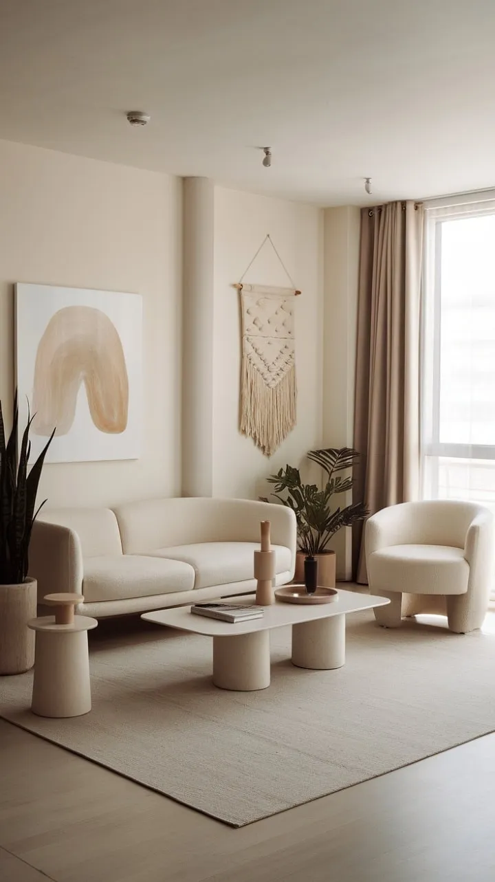 This minimalist living room exemplifies understated elegance, where the harmonious blend of light, soft textures, and curated art creates a serene and sophisticated atmosphere.