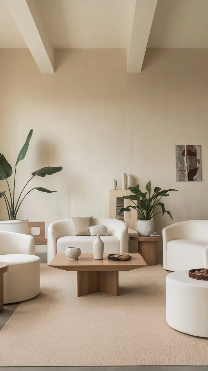 This airy living room, with warm beige walls and a soft rug, blends clean lines and natural textures to create an effortlessly chic and inviting sanctuary.