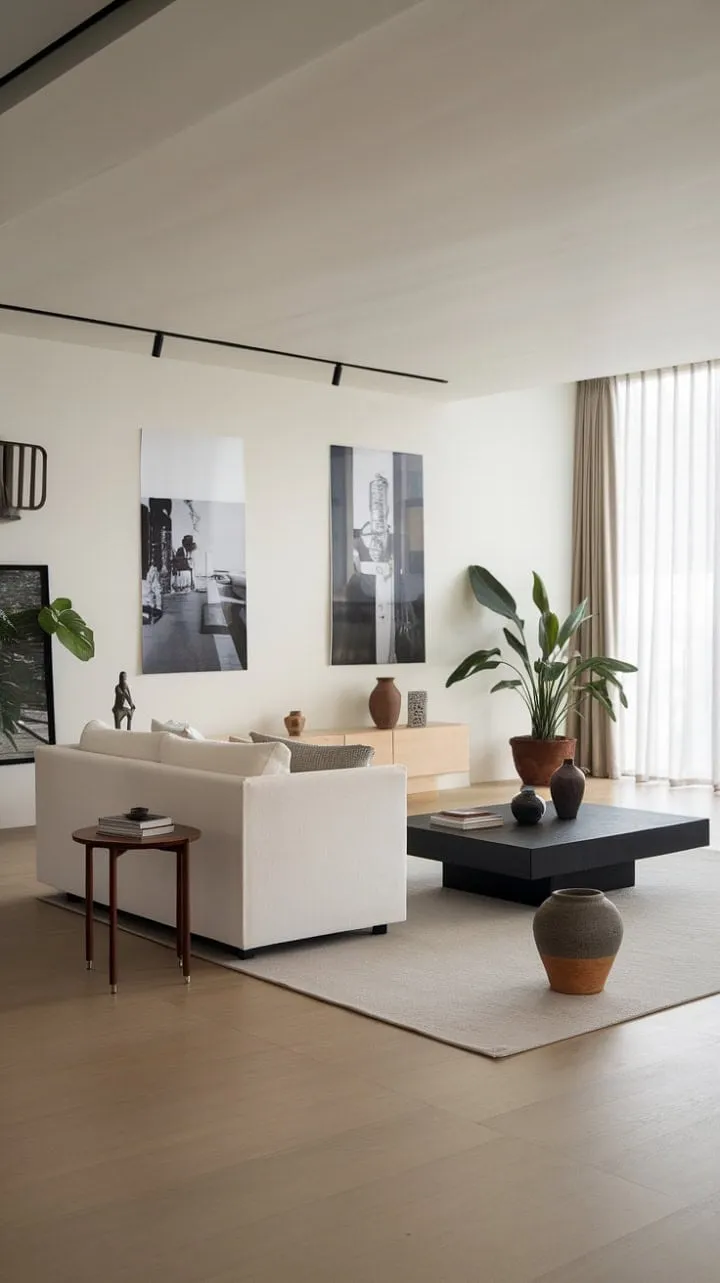 This minimalist haven, adorned with black and white art and lush greenery, embodies the elegance of "less is more" in a serene space for quiet contemplation.
