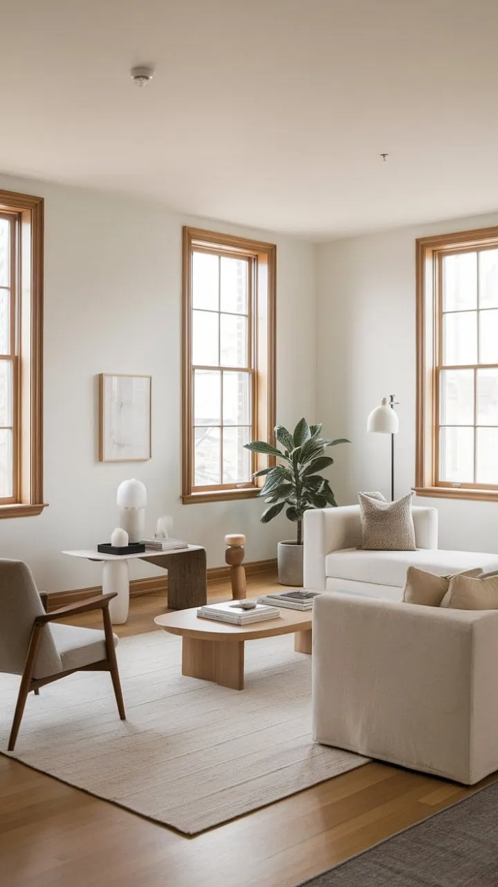 This serene minimalist retreat, drenched in natural light, harmoniously blends simplicity and elegance with its inviting furniture and tranquil color palette.