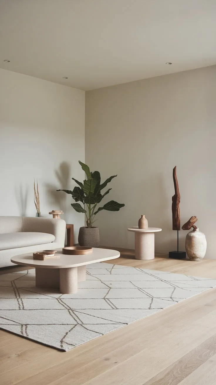 A serene modern minimalist living room features a neutral palette, light wood floors, and subtle geometric patterns for a calming yet stylish space.