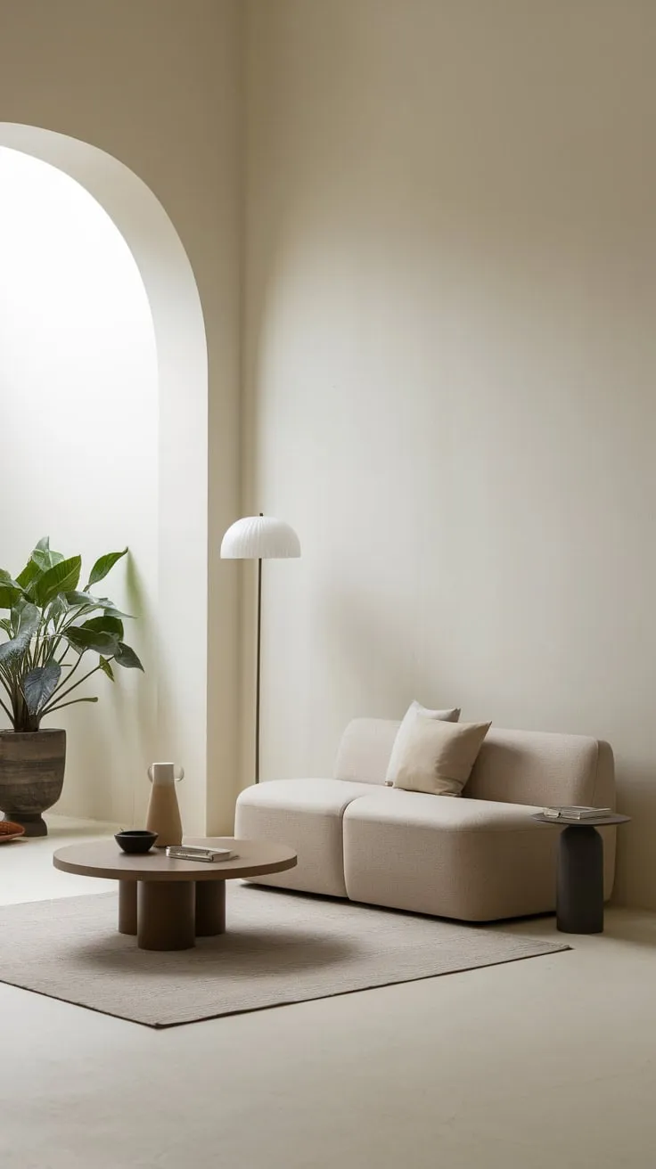 Clean lines and a neutral palette define this minimalist living room, featuring a small sofa, floor lamp, and potted plant against a backdrop of white walls and floors