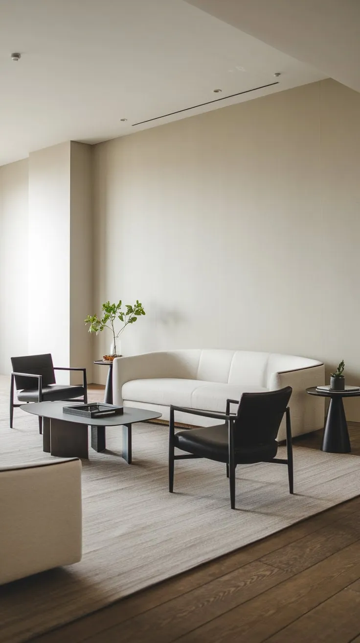 A minimalist living room showcases a white sofa, black chairs, and a touch of green against light grey walls and wooden floors.