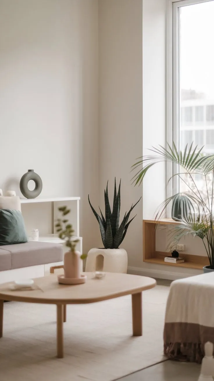 Neutral tones, sparse furnishings, and strategic greenery define this serene modern minimalist living room.