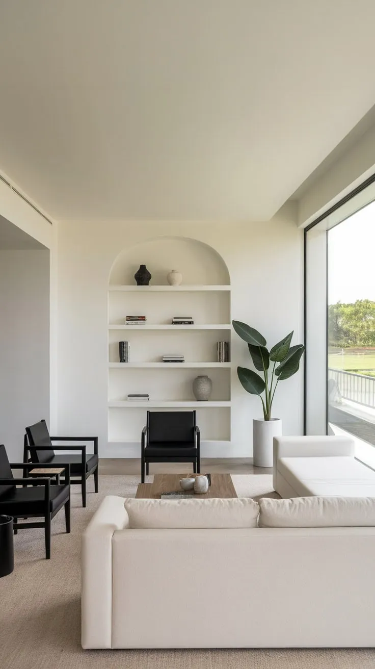 White walls, a simple furniture arrangement, and pops of greenery create a calming modern minimalist living space.