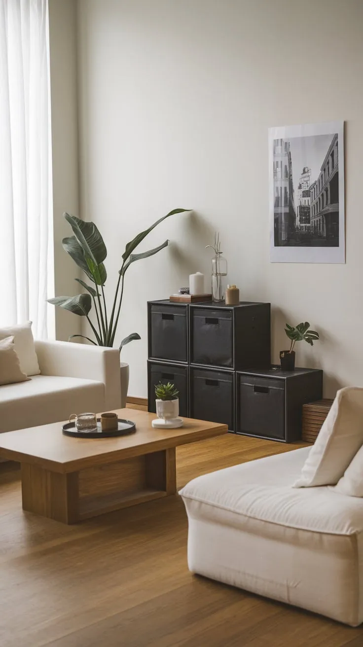 A minimalist living room's calm elegance is achieved through a neutral color scheme, natural wood, and carefully chosen black and white accents.