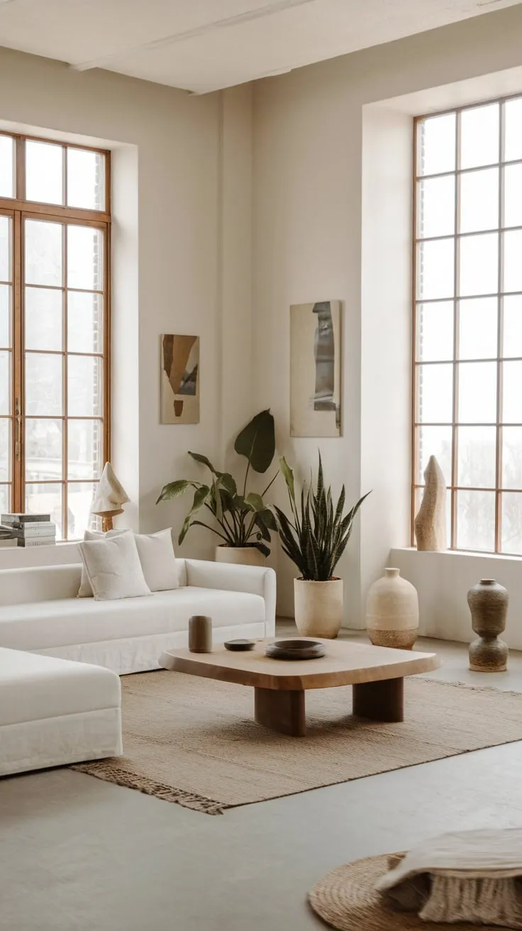Clean lines, natural light, and carefully curated details define this serene modern minimalist living room.