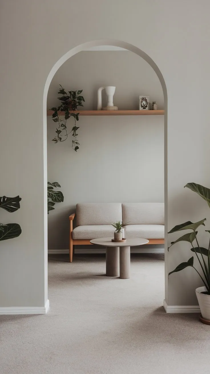 Soft light illuminates a serene grey minimalist living room featuring a simple sofa, wooden shelf, and subtle greenery.