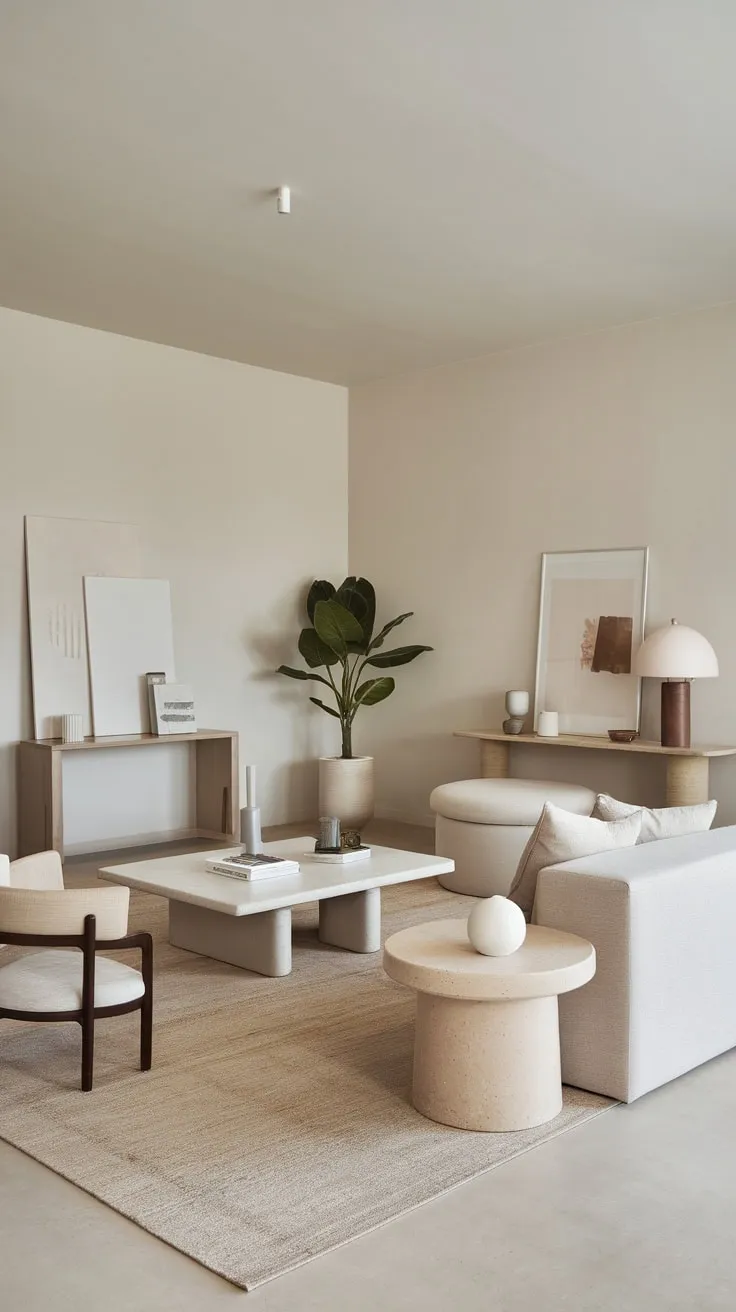 A sparsely furnished living room in neutral tones exudes modern minimalist style with carefully chosen accents creating a calm and functional space.