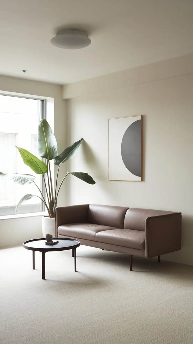 Clean lines and a neutral palette define this modern minimalist living room, proving less is more in stylish comfort.