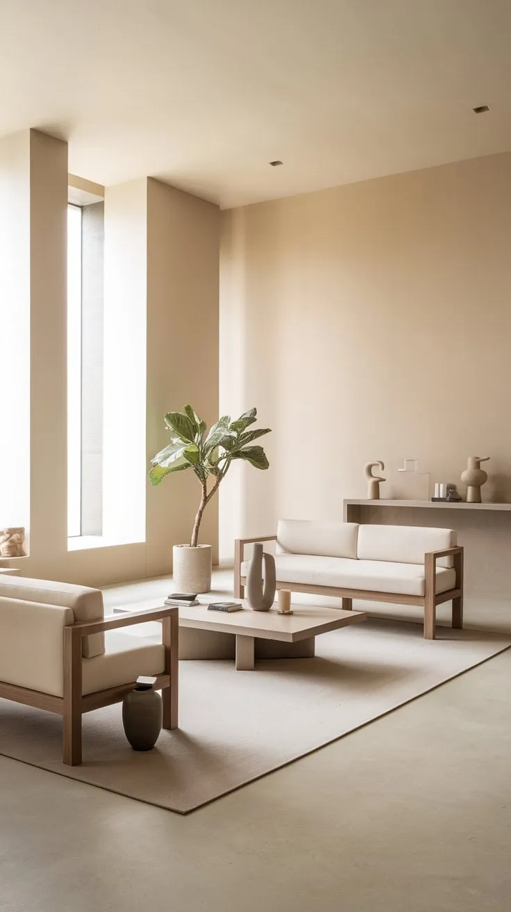 Soft beige walls and light grey concrete floors complement a simple yet stylish living space with minimal décor.