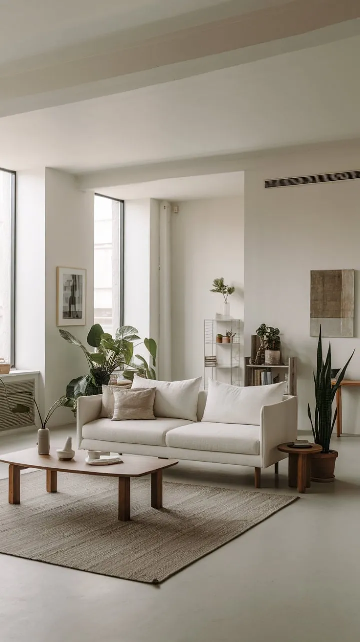 This serene minimalist sanctuary, illuminated by natural light, elegantly embodies modern living through its curated furniture, art, and soothing color palette.