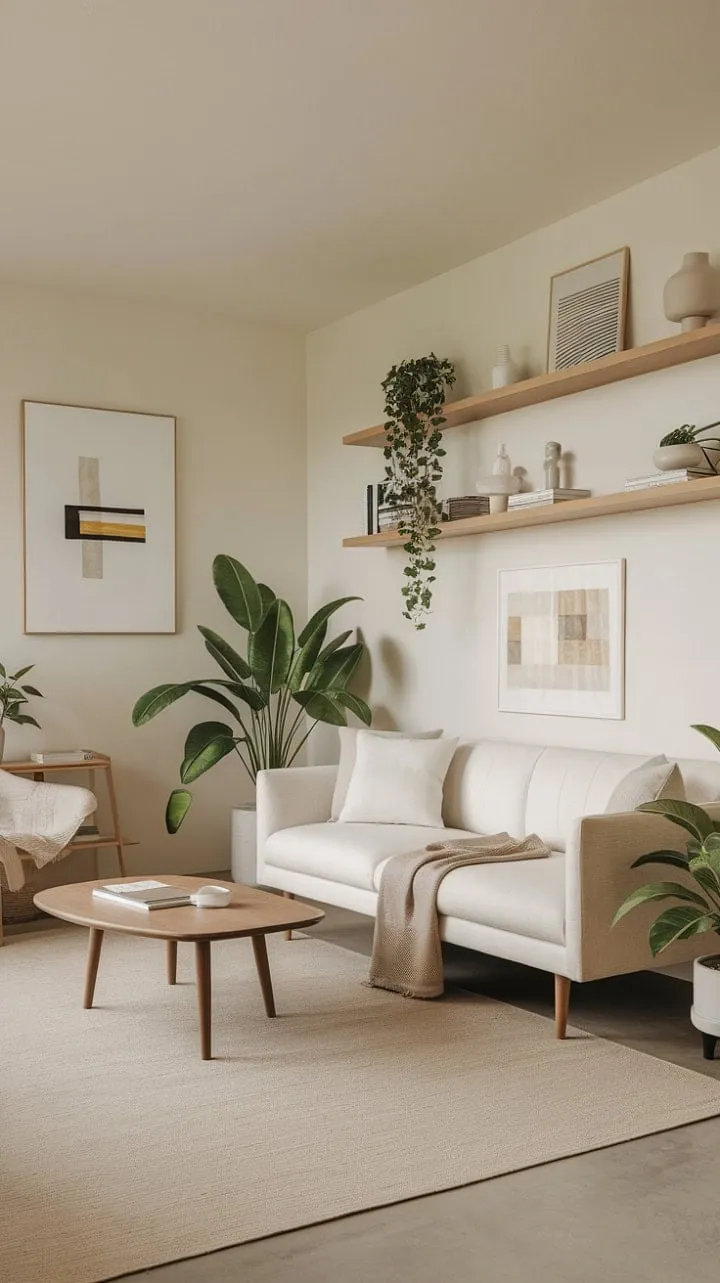 Bathed in sunlight, this airy living room blends minimalist design with a curated collection of art and books, crafting an inviting yet sophisticated atmosphere.