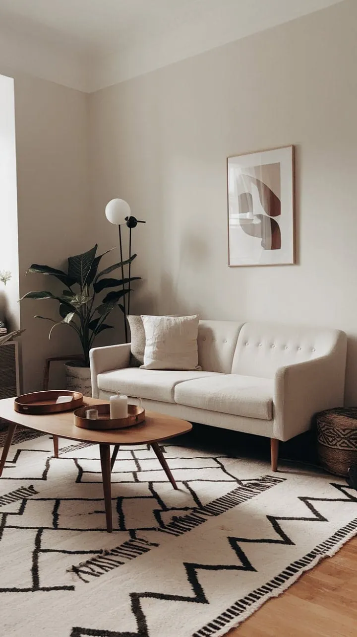 This minimalist living room is a serene sanctuary that harmoniously blends clean lines, calming hues, and natural elements for a stylish yet inviting atmosphere.