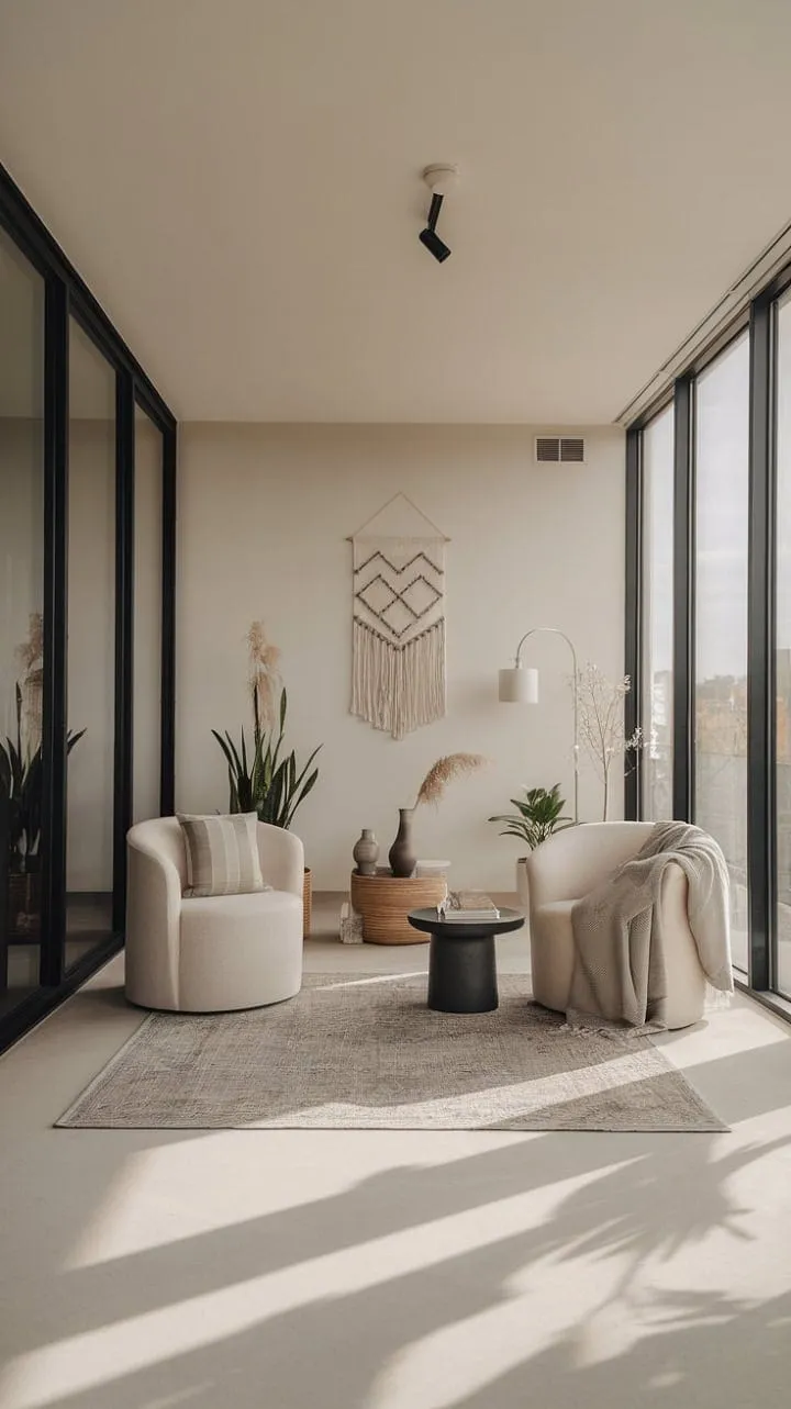 This serene minimalist living room harmoniously blends comfort and style, inviting mindful living through its neutral palette and gentle textures.