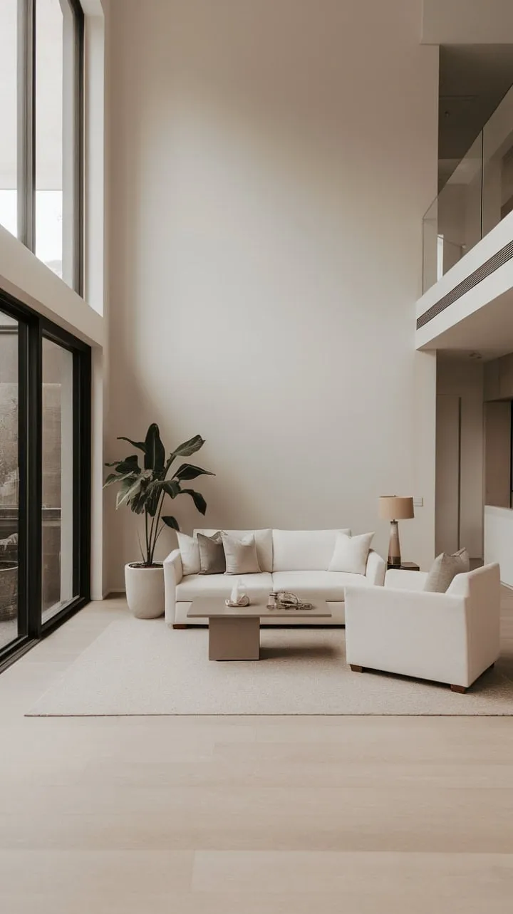 This serene minimalist sanctuary, illuminated by natural light, harmoniously blends high ceilings and curated decor to evoke a tranquil elegance.