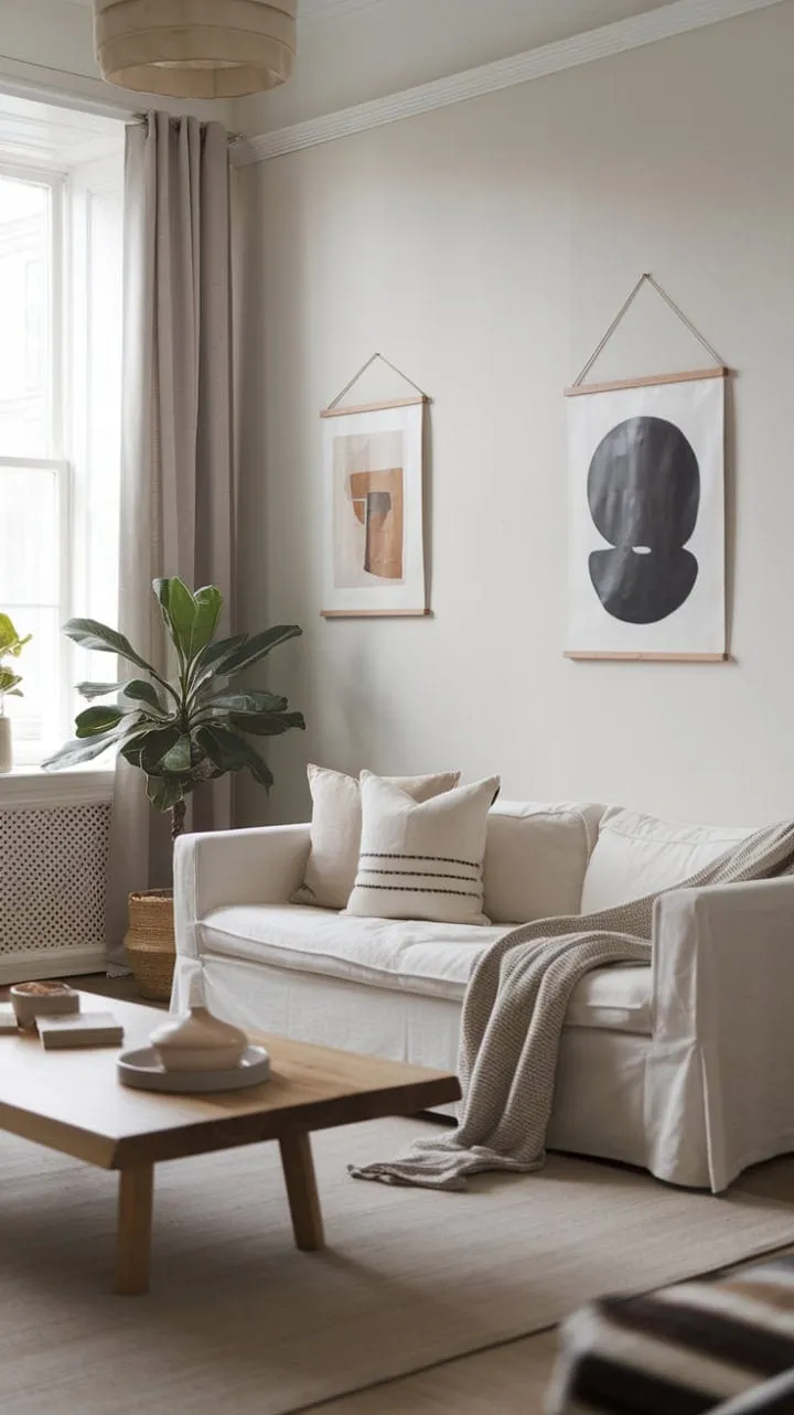 Bathed in sunlight, this serene minimalist living room showcases the beauty of simplicity with its clean lines, curated art, and subtle greenery, embodying the essence of understated elegance.