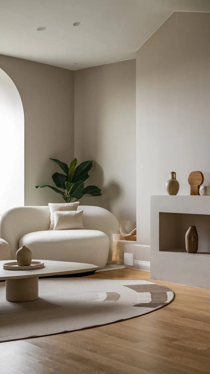 This minimalist living space embodies serene simplicity, where a neutral palette and subtle textures create a tranquil haven of understated elegance.