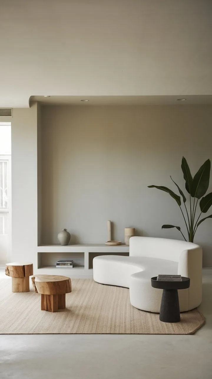 This modern living space, defined by neutral tones and clean lines, exudes effortless elegance and tranquility through its curated details.
