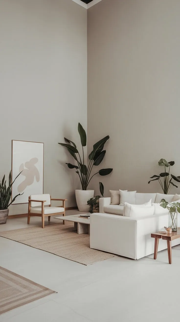 Light gray walls, a white sofa, and wooden accents create a serene modern minimalist living room.