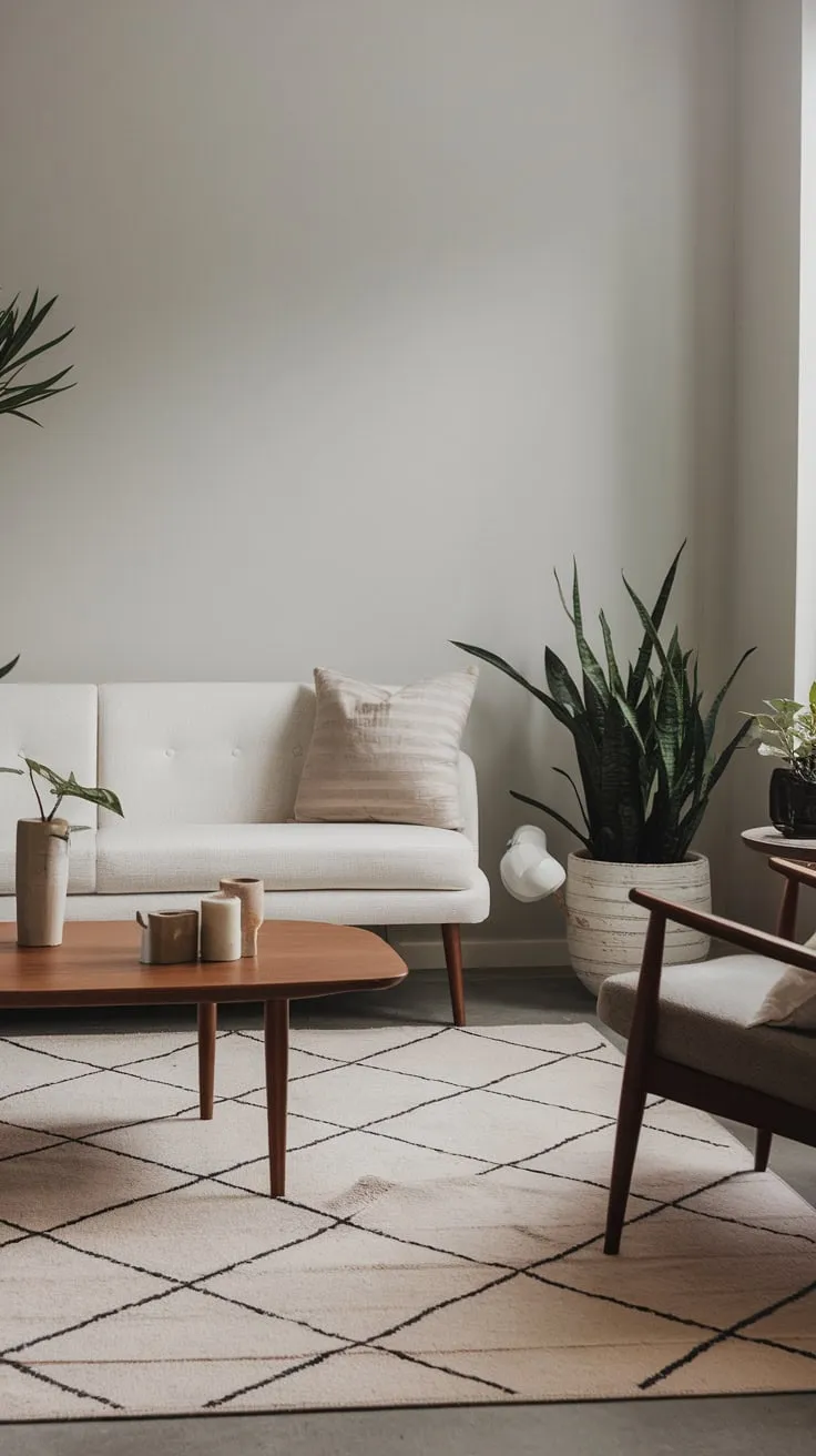 Light gray walls and a geometric rug accentuate a minimalist living room featuring a white sofa, wooden coffee table, and gray chair, punctuated by potted plants.