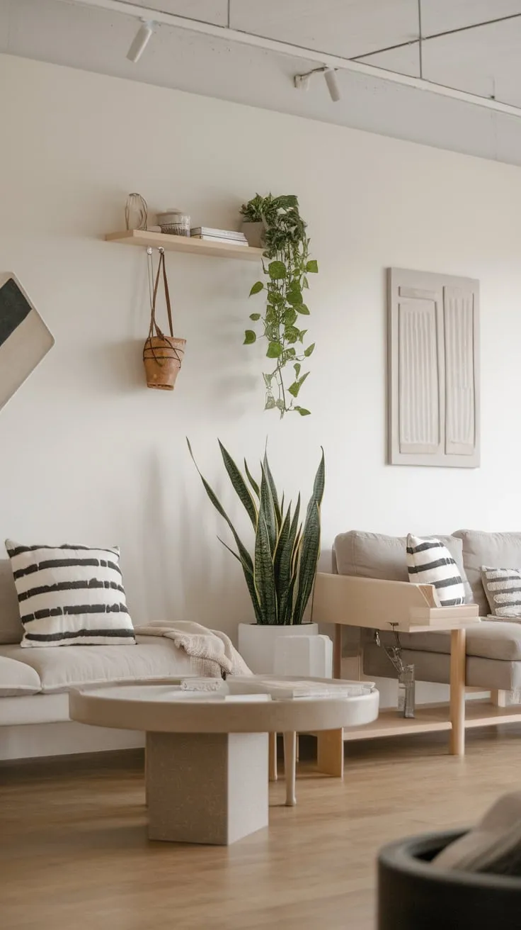 A minimalist living room showcases calm sophistication through a neutral palette, simple furniture, and subtle artwork.