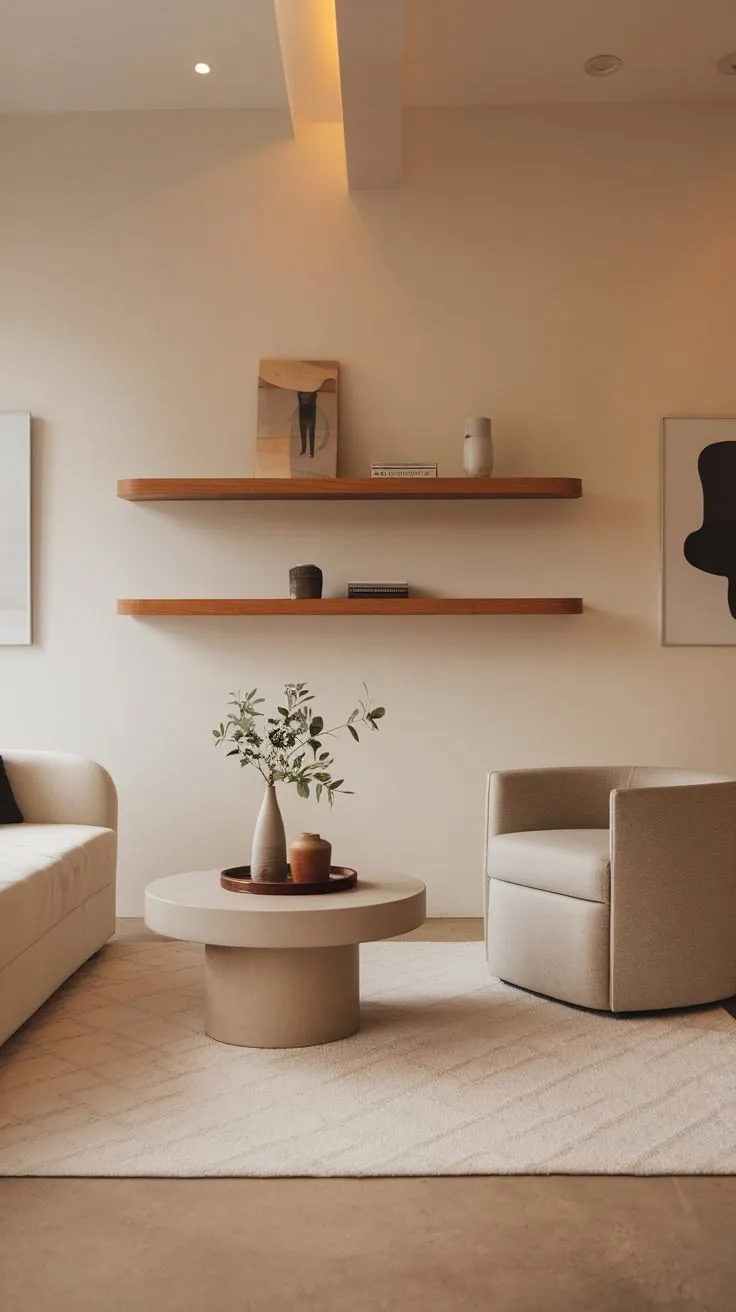 Warm lighting illuminates a serene modern minimalist living room featuring a neutral palette and carefully curated décor.