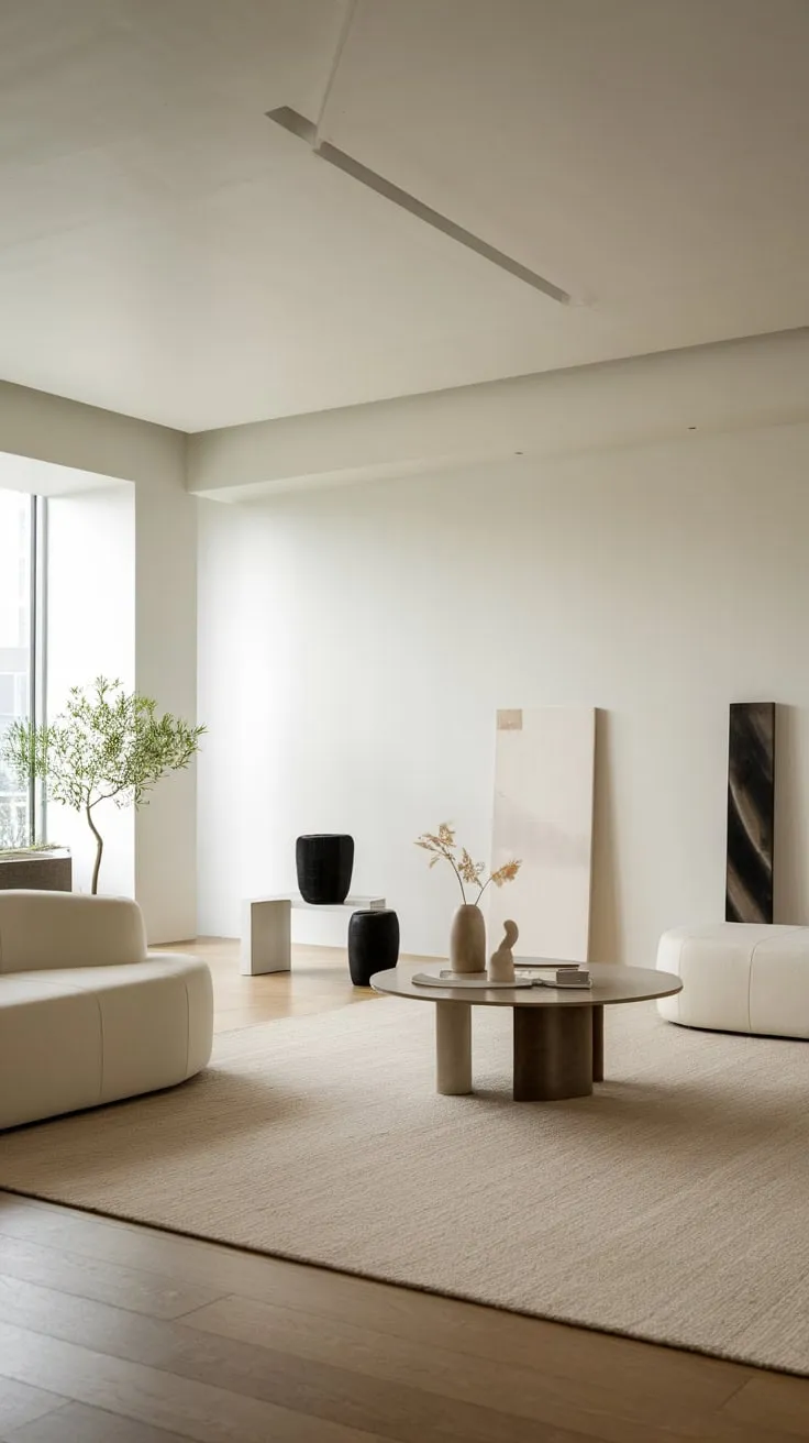 A serene white living room features a minimalist design with subtle pops of black, beige, and green, creating a calming modern space