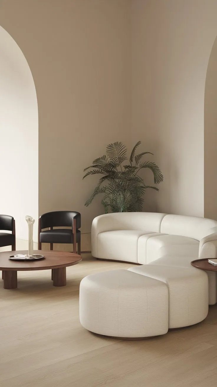 Neutral tones, curved lines, and natural wood define this serene modern minimalist living room.