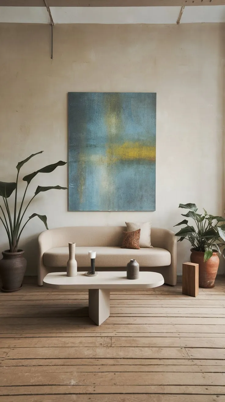 A beige sofa, white coffee table, and abstract artwork create a serene modern minimalist living room, accented by wood floors and potted plants.