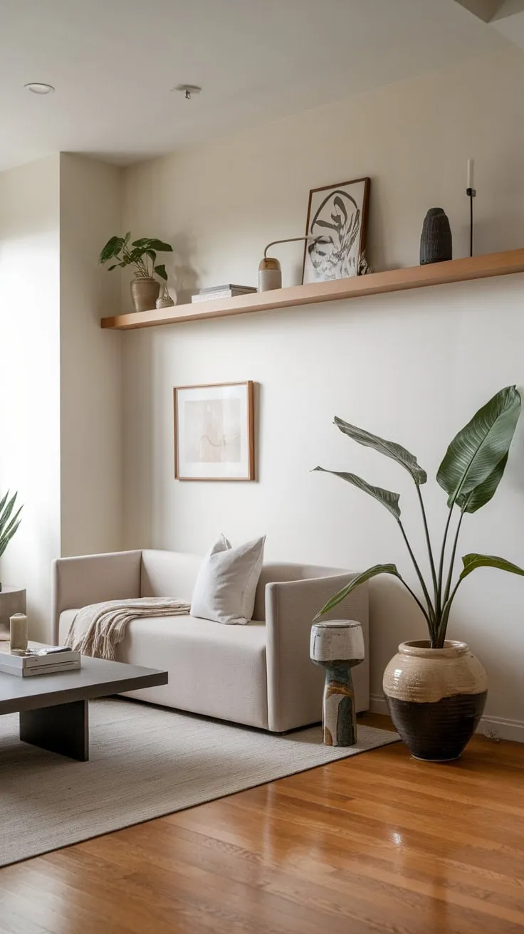 A serene modern living room features minimalist furniture, hardwood floors, and a touch of greenery against a backdrop of calming white walls.
