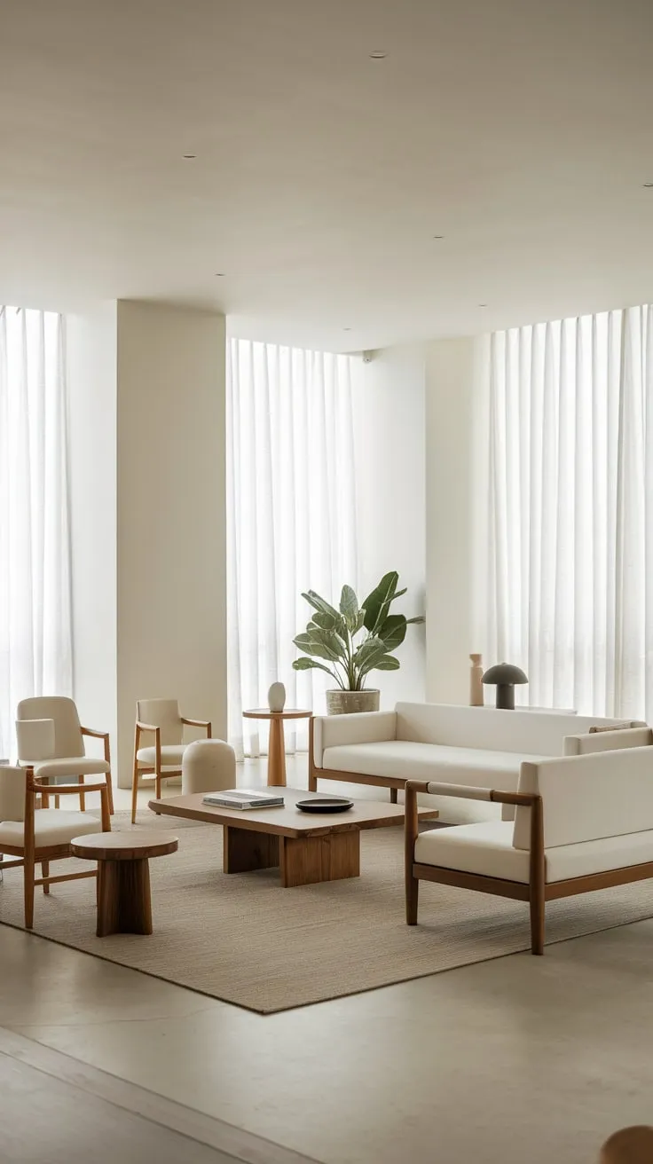 Clean lines and a neutral palette define this airy modern minimalist living room.