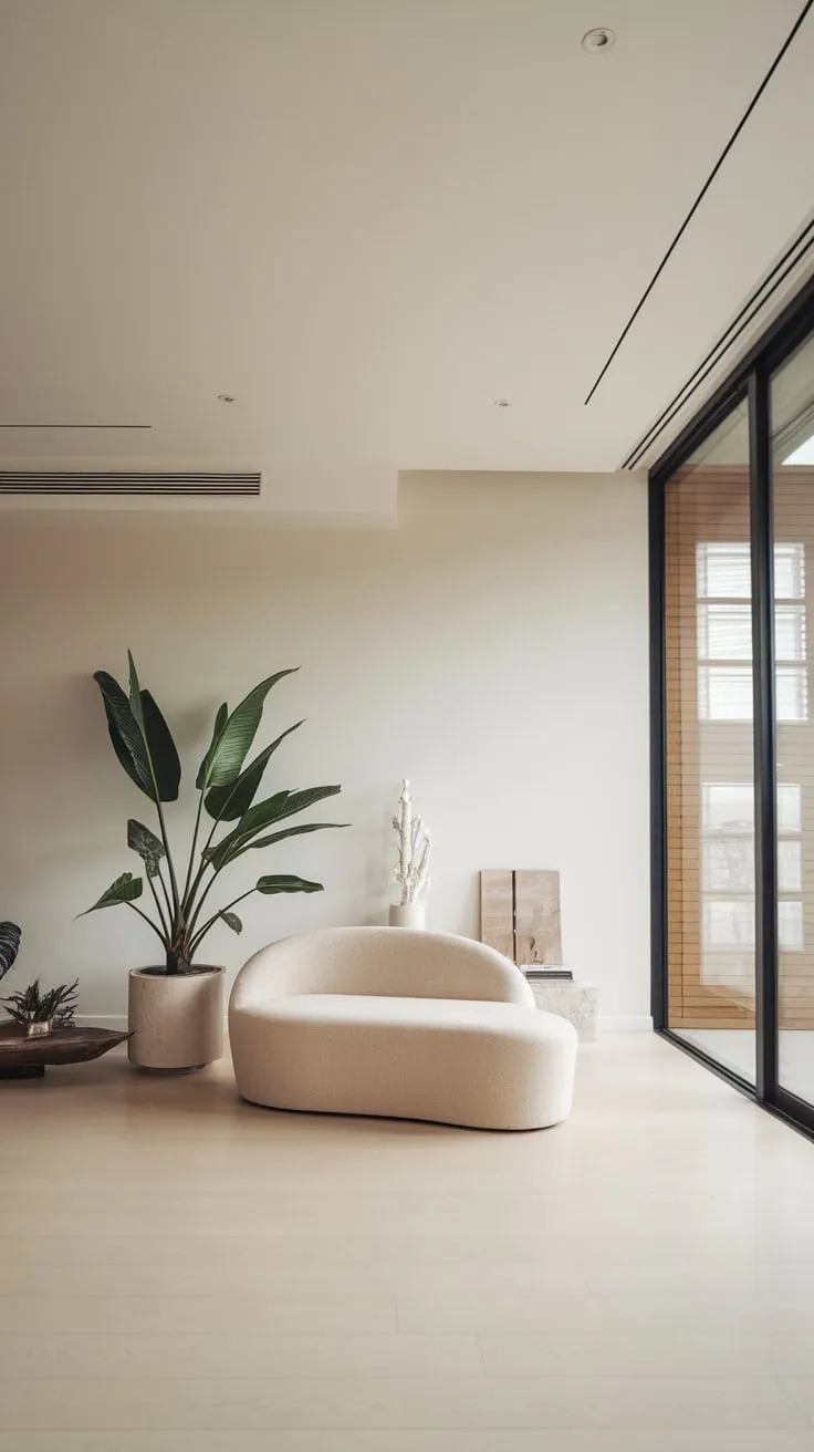 Light hardwood floors and a floor-to-ceiling window accentuate the calm neutrality of this modern minimalist living room, punctuated by a small sofa and lush greenery.