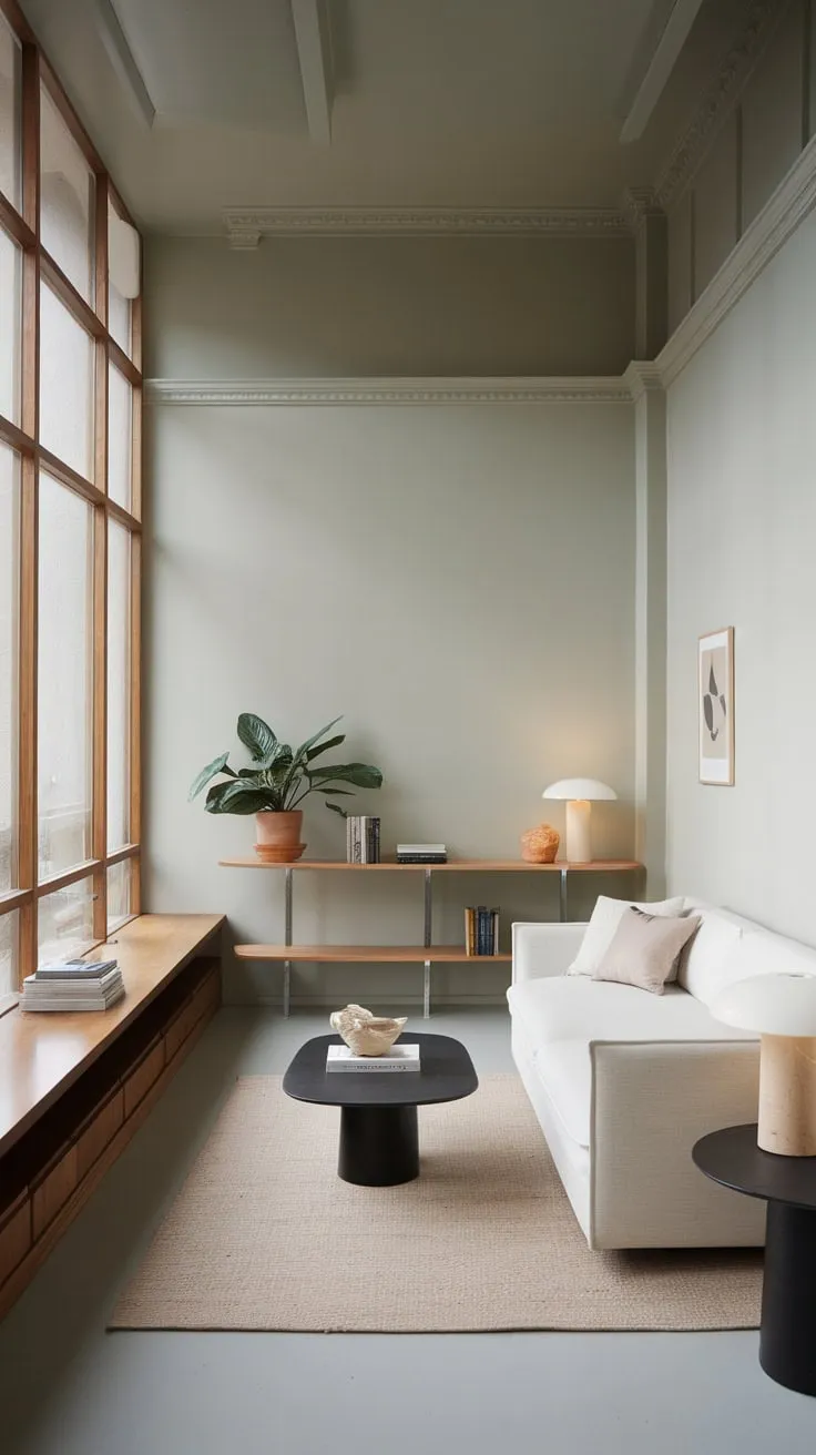 Clean lines and natural elements define this minimalist living room, creating a serene atmosphere in a compact space.