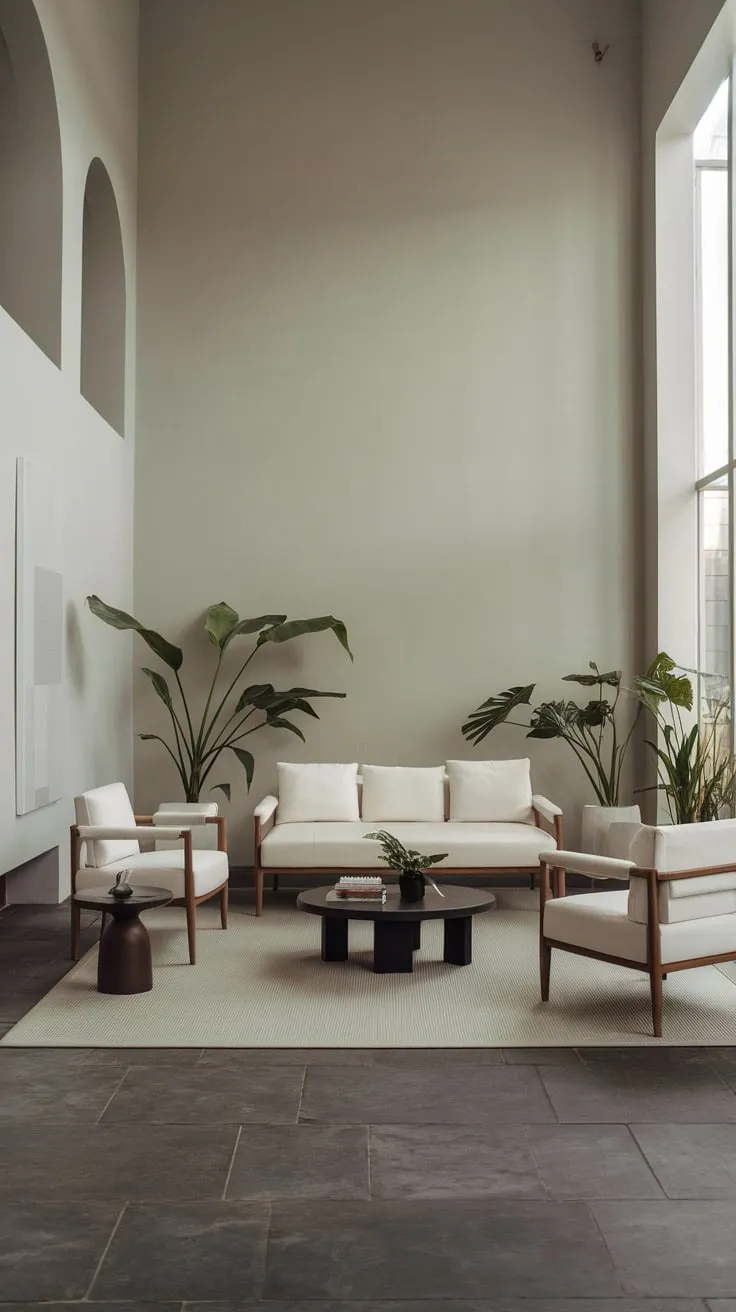 A modern minimalist living room's neutral palette and carefully chosen furniture create a calm, light-filled space.
