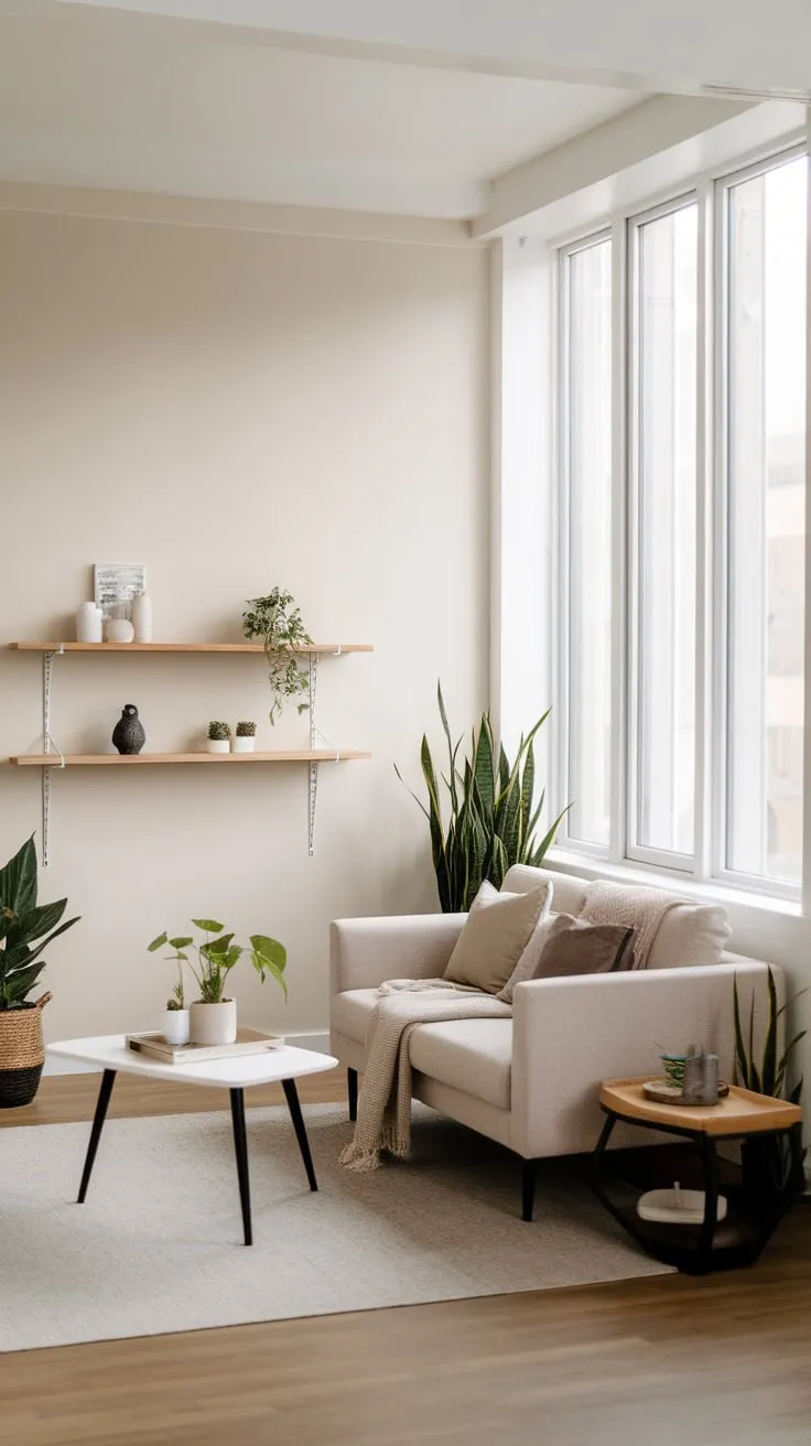 Clean lines and natural light define this small yet stylish modern minimalist living space.