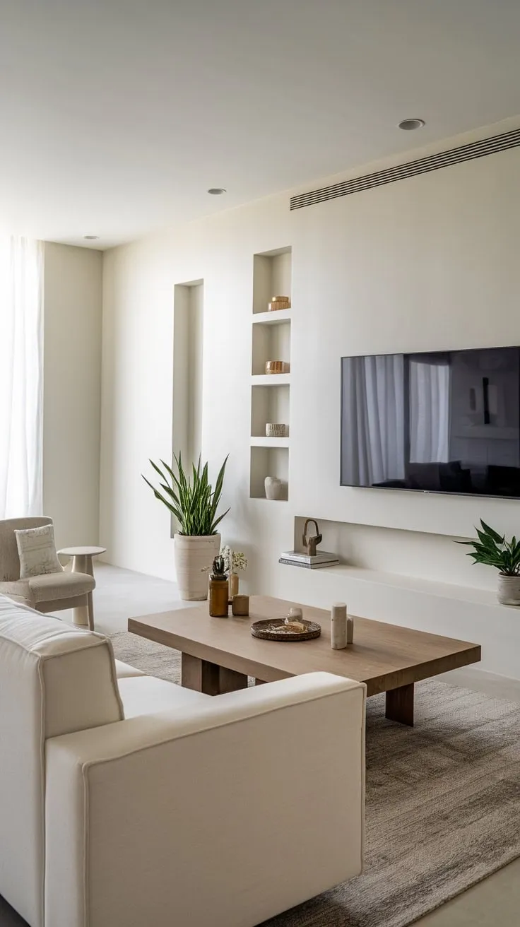 A serene white living room, sparsely furnished with natural wood and pops of green, exemplifies modern minimalist design.