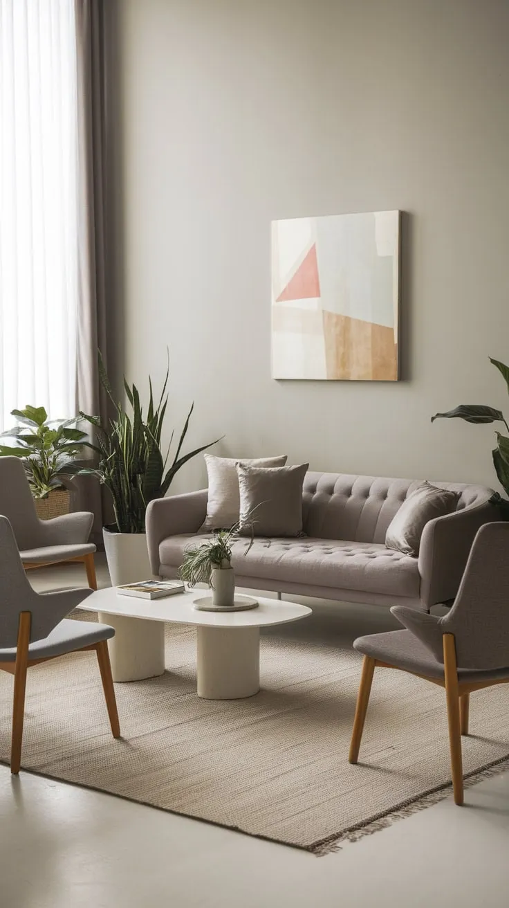Light gray walls and a neutral palette create a calm modern living space with carefully chosen furniture.