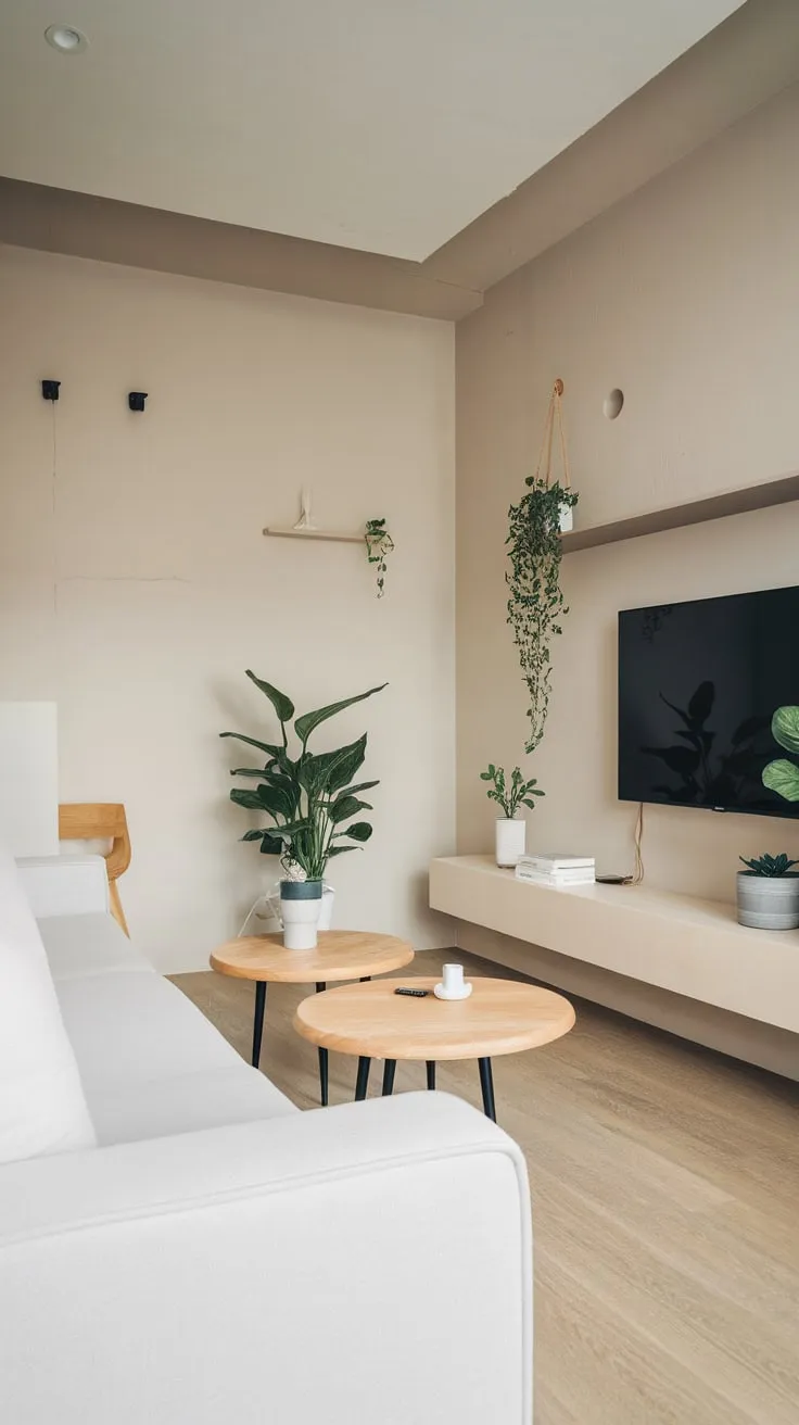A small, light-filled space showcases minimalist modern design with a neutral palette, clean lines, and natural elements.