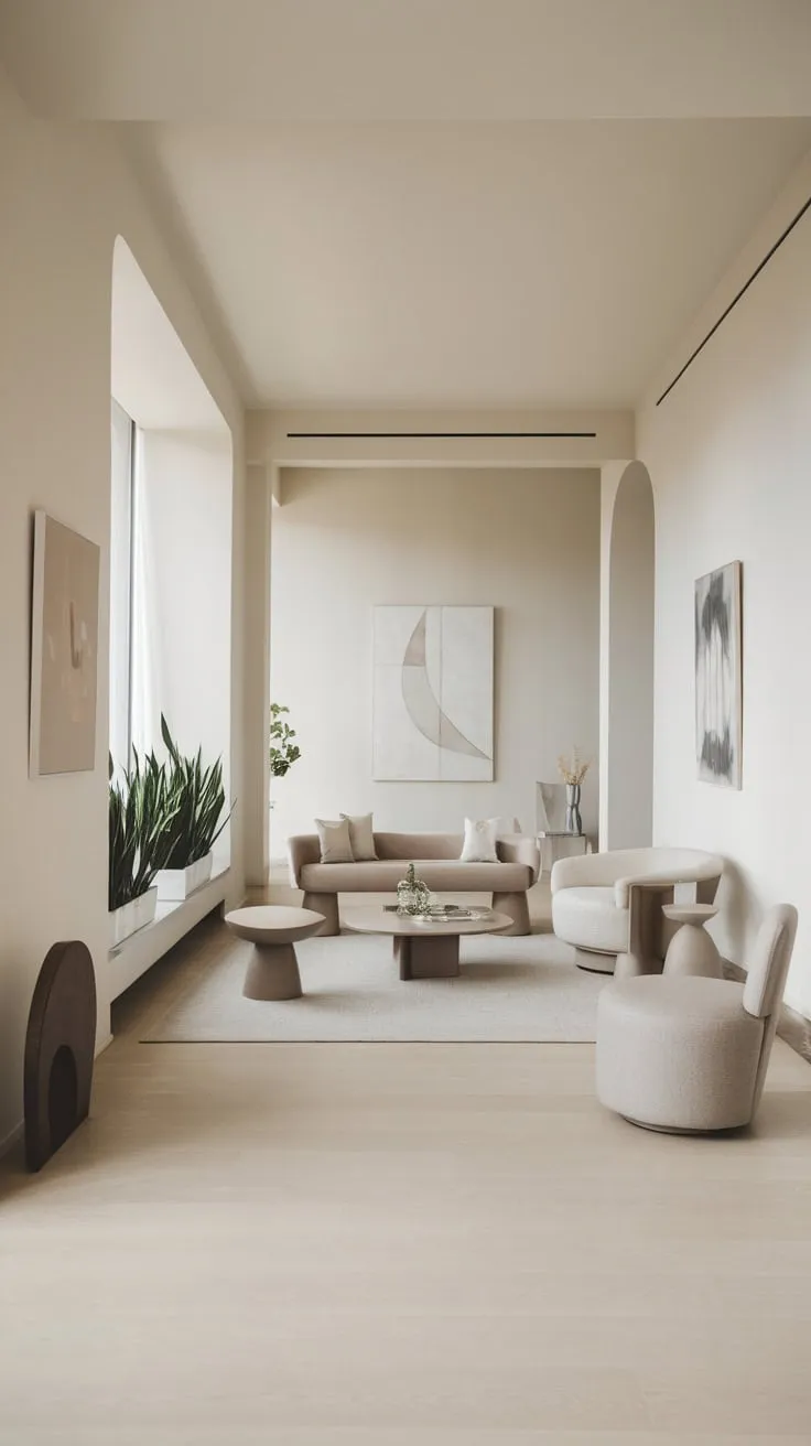 Clean lines, neutral tones, and sparse furnishings define this modern minimalist living room's serene atmosphere