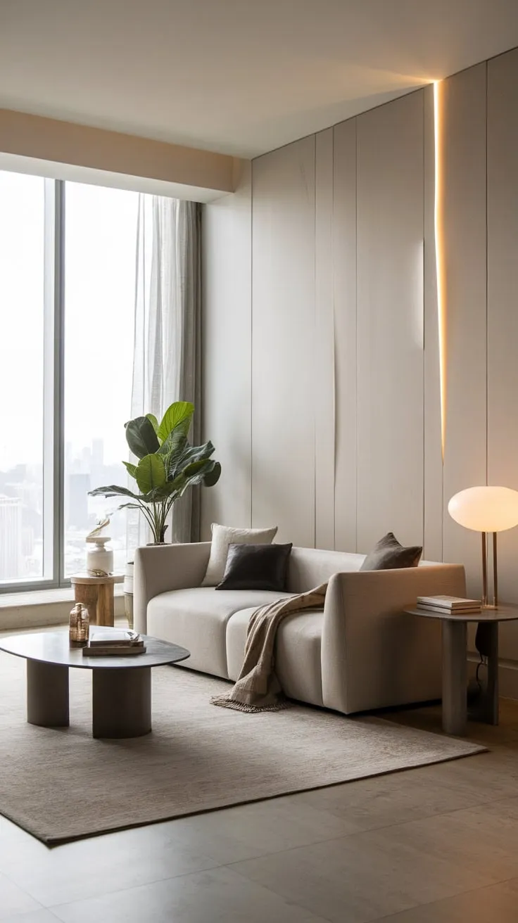 Clean lines and a muted color scheme create a calming modern living room, showcasing less is more design.