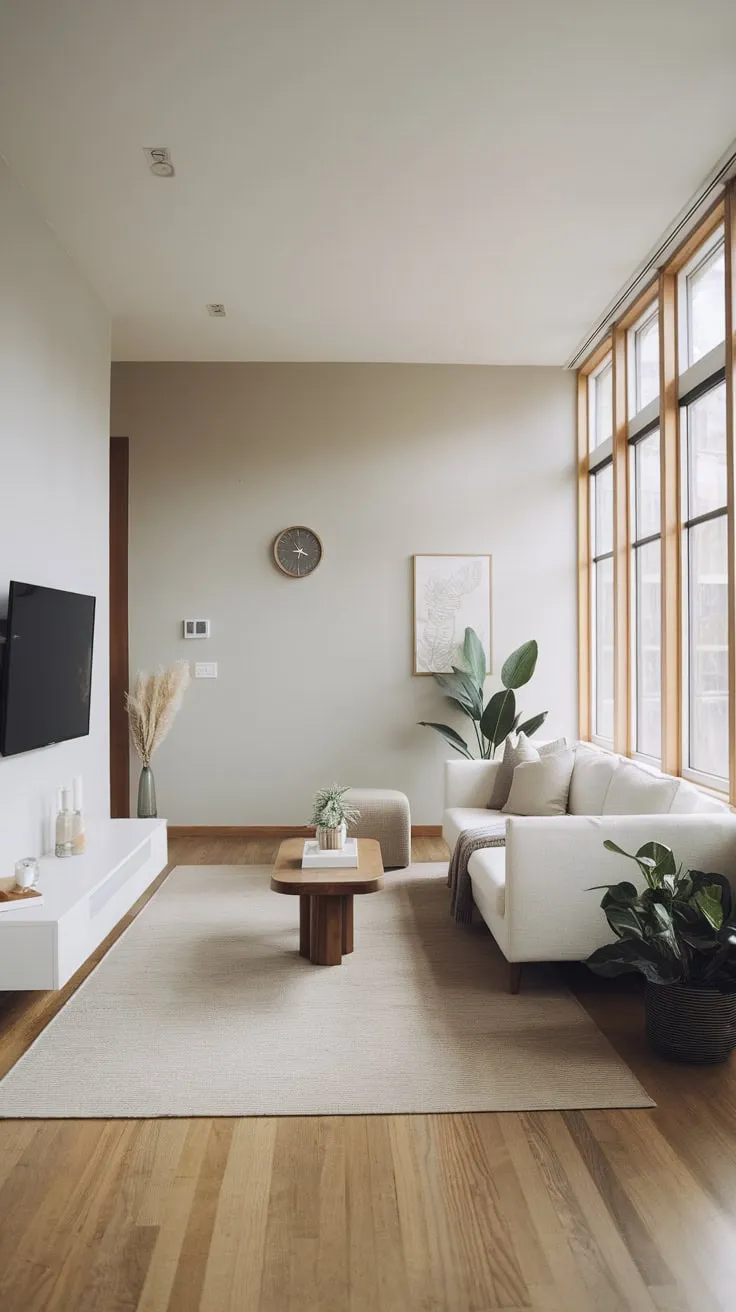 A light gray minimalist living room showcases a white sofa, wooden flooring and a few select pieces, bathed in natural light from large windows.