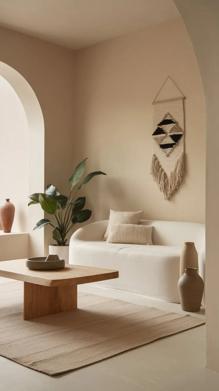 Soft beige walls and a neutral palette create a serene modern minimalist living room featuring a white sofa, wooden coffee table, and carefully chosen accents.