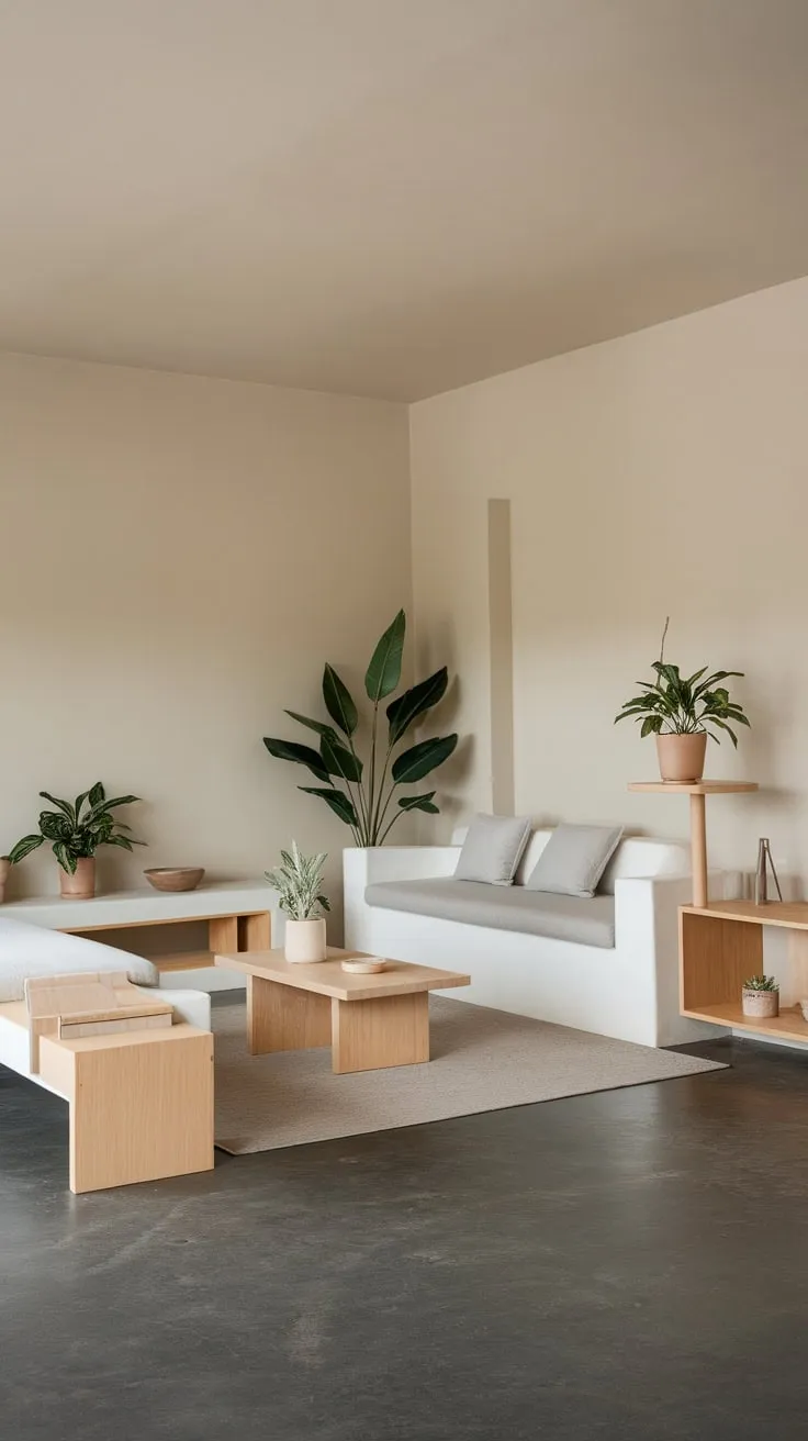 A beige-walled living room showcases minimalist design with a white sofa, potted plants, and dark gray concrete floors.