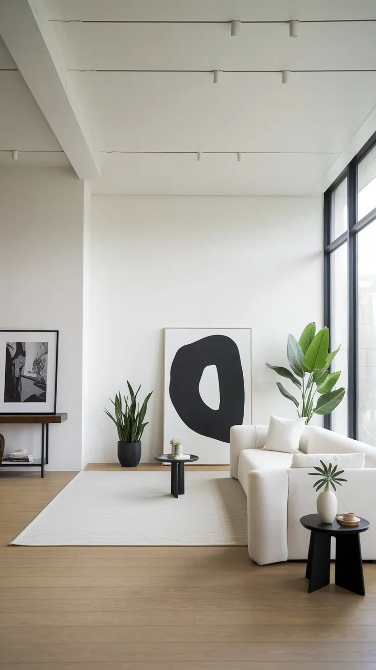 A modern minimalist living room bathed in natural light showcases clean lines, a neutral color scheme, and carefully curated artwork and plants.